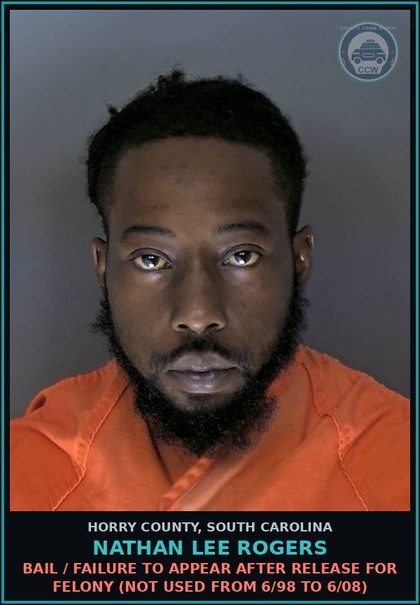 CCW arrest card for Nathan Lee Rogers in Horry County: Bail / Failure to appear after release for Felony (not used from 6/98 to 6/08)