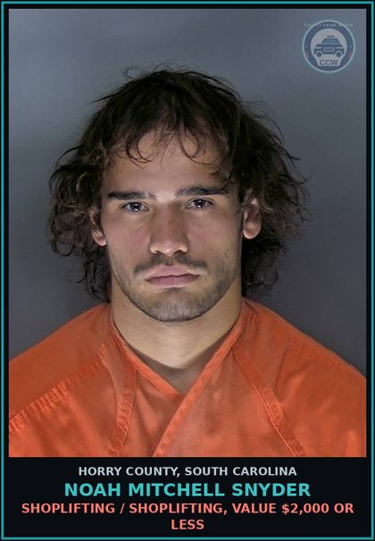CCW arrest card for Noah Mitchell Snyder in Horry County: Shoplifting / Shoplifting, value $2,000 or less