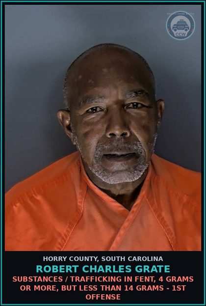 CCW arrest card for Robert Charles Grate in Horry County: Drugs / Manufacture, distribution, etc., ice, crank, crack cocaine - 1st offense