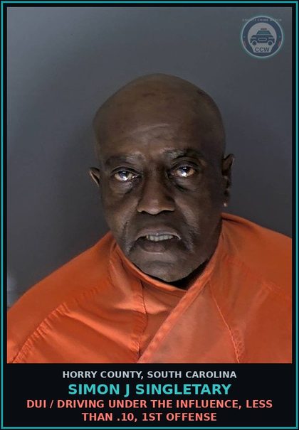 CCW arrest card for Simon J Singletary in Horry County: Traffic / Hit and run, duties of driver involved in accident, property damage (no longer used) (see 2464)