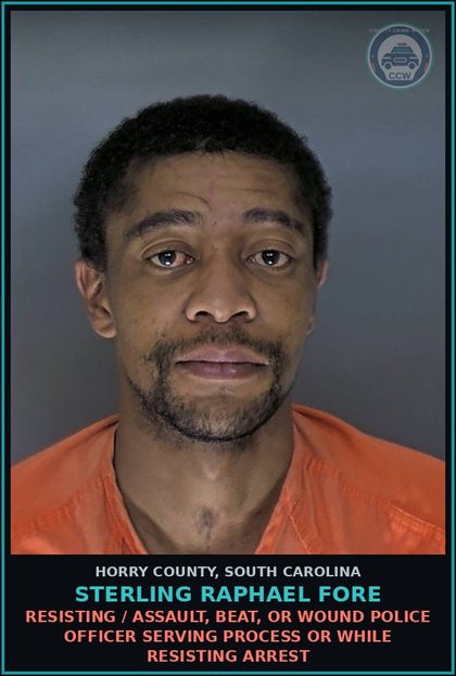 CCW arrest card for Sterling Raphael Fore in Horry County: Resisting / Assault, beat, or wound police officer serving process or while resisting arrest