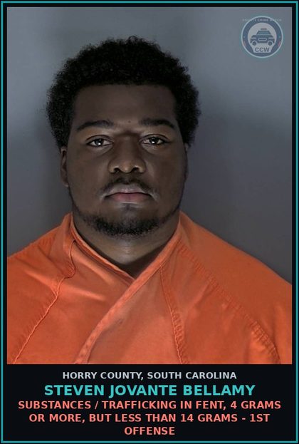 CCW arrest card for Steven Jovante Bellamy in Horry County: Drugs / Trafficking in Fent, 4 grams or more, but less than 14 grams - 1st offense