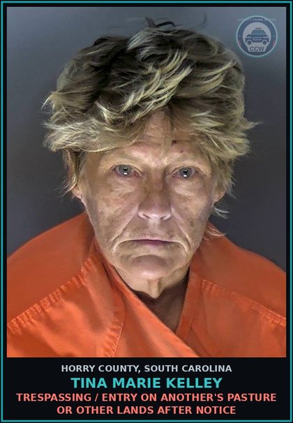 CCW arrest card for Tina Marie Kelley in Horry County: Trespassing / Entry on another's pasture or other lands after notice