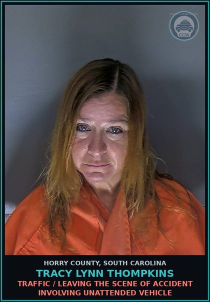 CCW arrest card for Tracy Lynn Thompkins in Horry County: Traffic / Leaving the scene of accident involving unattended vehicle