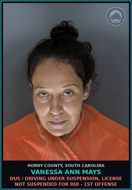 CCW arrest card for Vanessa Ann Mays in Horry County: DUS / Driving under suspension, license not suspended for DUI - 1st offense