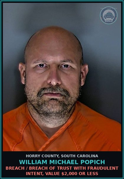 CCW arrest card for William Michael Popich in Horry County: Domestic / Domestic Violence, 3rd degree