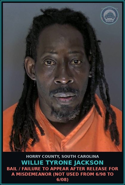 CCW arrest card for Willie Tyrone Jackson in Horry County: Traffic / Pedestrians on highways