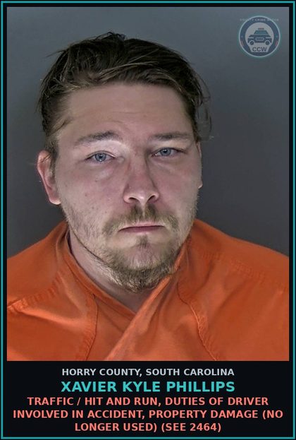CCW arrest card for Xavier Kyle Phillips in Horry County: Traffic / Hit and run, duties of driver involved in accident, property damage (no longer used) (see 2464)