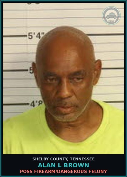CCW arrest card for ALAN L BROWN in Shelby County: POSS FIREARM/DANGEROUS FELONY