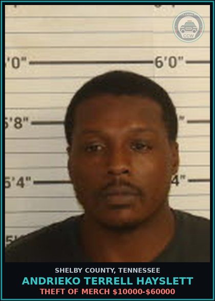 CCW arrest card for ANDRIEKO TERRELL HAYSLETT in Shelby County: THEFT OF MERCH $10000-$60000
