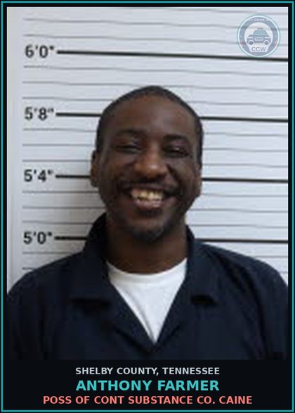 CCW arrest card for ANTHONY FARMER in Shelby County: POSS OF CONT SUBSTANCE COCAINE
