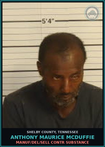 CCW arrest card for ANTHONY MAURICE MCDUFFIE in Shelby County: MANUF/DEL/SELL contr substance