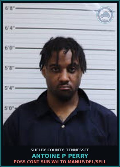 CCW arrest card for ANTOINE P PERRY in Shelby County: POSS CONT SUB W/I TO MANUF/DEL/SELL