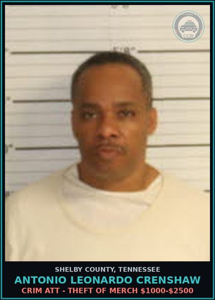 CCW arrest card for ANTONIO LEONARDO CRENSHAW in Shelby County: CRIM ATT - THEFT OF MERCH $1000-$2500