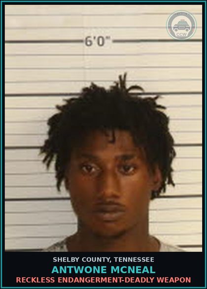 CCW arrest card for ANTWONE MCNEAL in Shelby County: RECKLESS ENDANGERMENT-DEADLY WEAPON
