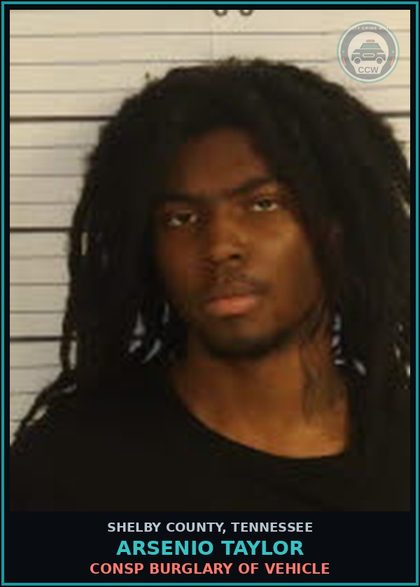 CCW arrest card for ARSENIO TAYLOR in Shelby County: CONSP BURGLARY OF VEHICLE