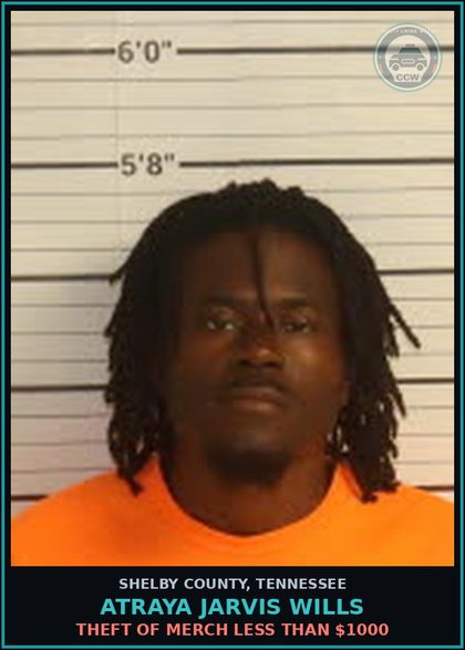 CCW arrest card for ATRAYA JARVIS WILLS in Shelby County: THEFT OF MERCH LESS THAN $1000