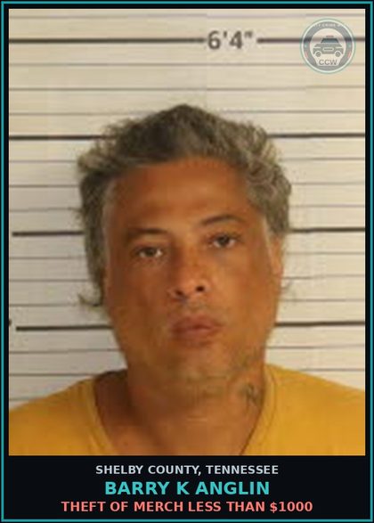 CCW arrest card for BARRY K ANGLIN in Shelby County: THEFT OF MERCH LESS THAN $1000