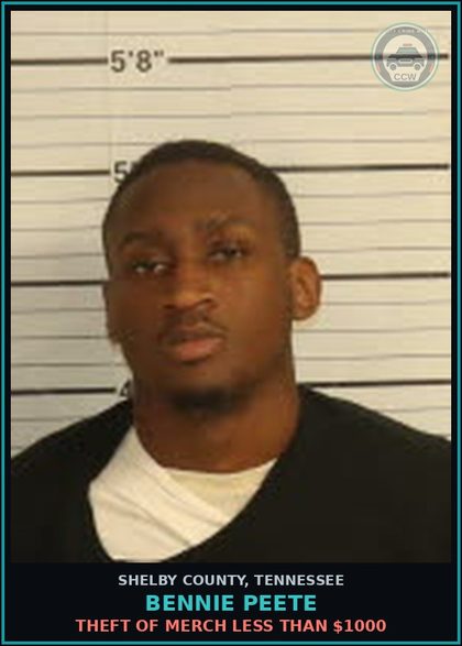CCW arrest card for BENNIE PEETE in Shelby County: THEFT OF MERCH LESS THAN $1000