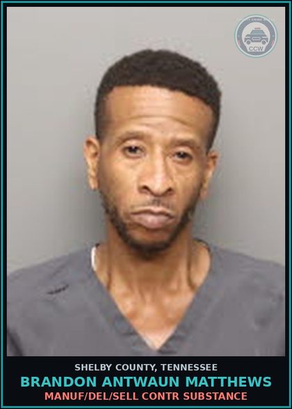 CCW arrest card for BRANDON ANTWAUN MATTHEWS in Shelby County: MANUF/DEL/SELL contr substance