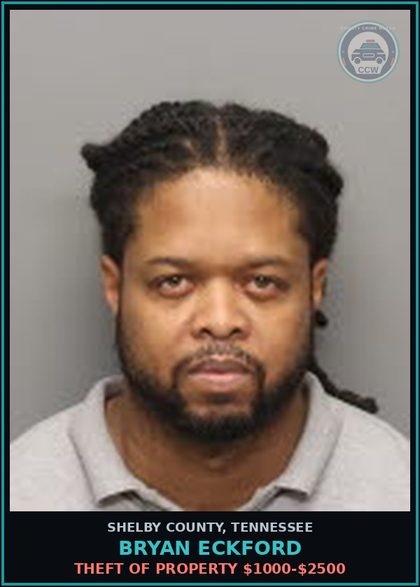 CCW arrest card for BRYAN ECKFORD in Shelby County: THEFT OF PROPERTY $1000-$2500