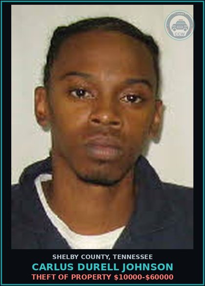 CCW arrest card for CARLUS DURELL JOHNSON in Shelby County: THEFT OF PROPERTY $10000-$60000