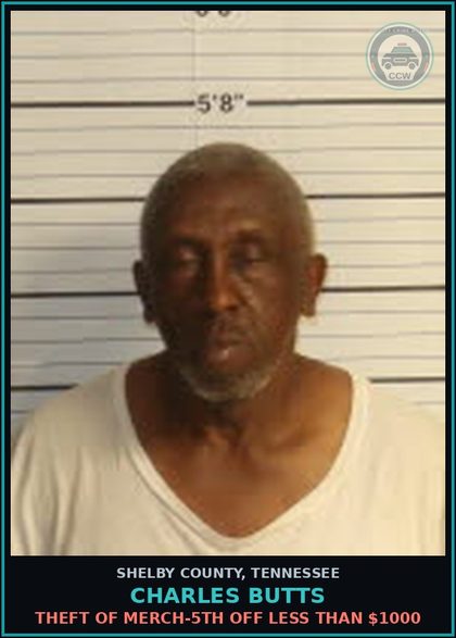 CCW arrest card for CHARLES BUTTS in Shelby County: THEFT OF MERCH-5TH OFF LESS THAN $1000