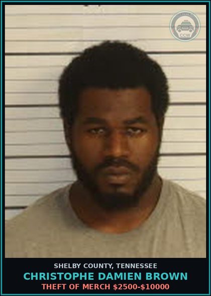 CCW arrest card for CHRISTOPHE DAMIEN BROWN in Shelby County: THEFT OF MERCH $2500-$10000