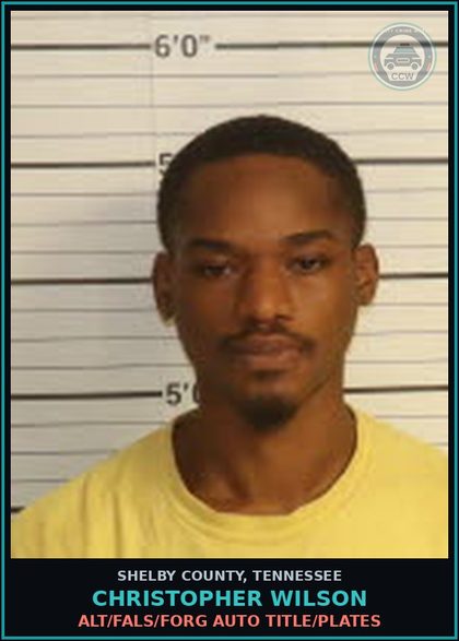 CCW arrest card for CHRISTOPHER WILSON in Shelby County: ALT/FALS/FORG AUTO TITLE/PLATES