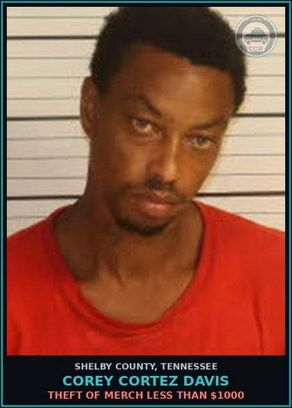 CCW arrest card for COREY CORTEZ DAVIS in Shelby County: THEFT OF MERCH LESS THAN $1000