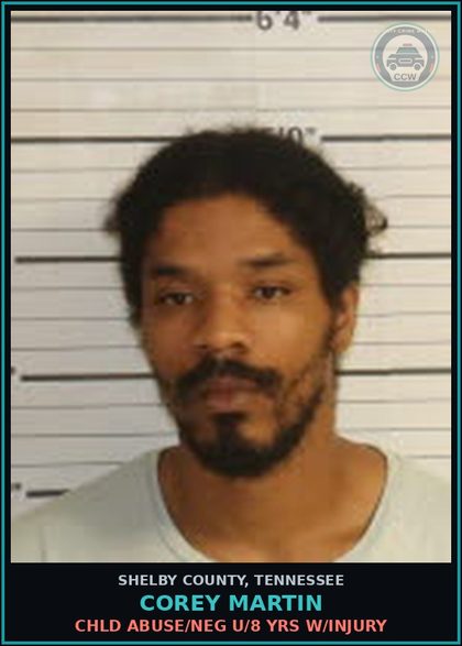 CCW arrest card for COREY MARTIN in Shelby County: chld ABUSE/NEG U/8 YRS W/INJURY