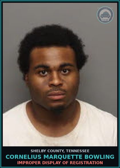CCW arrest card for CORNELIUS MARQUETTE BOWLING in Shelby County: IMPROPER DISPLAY OF REGISTRATION