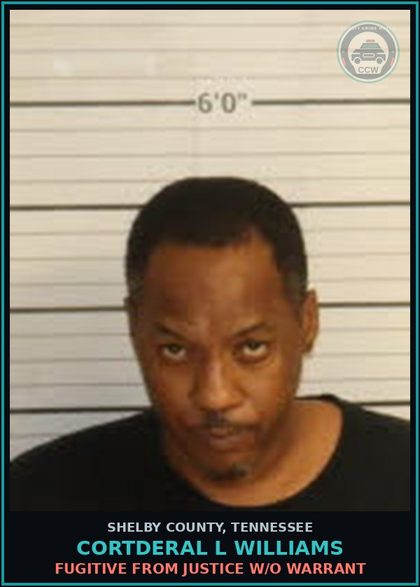 CCW arrest card for CORTDERAL L WILLIAMS in Shelby County: FUGITIVE FROM JUSTICE W/O WARRANT