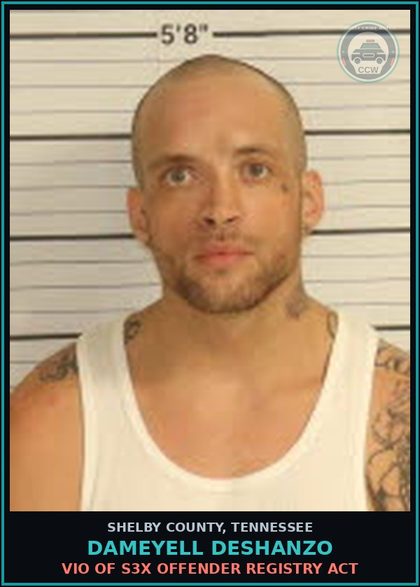 CCW arrest card for DAMEYELL DESHANZO in Shelby County: VIO OF s3x OFFENDER REGISTRY ACT