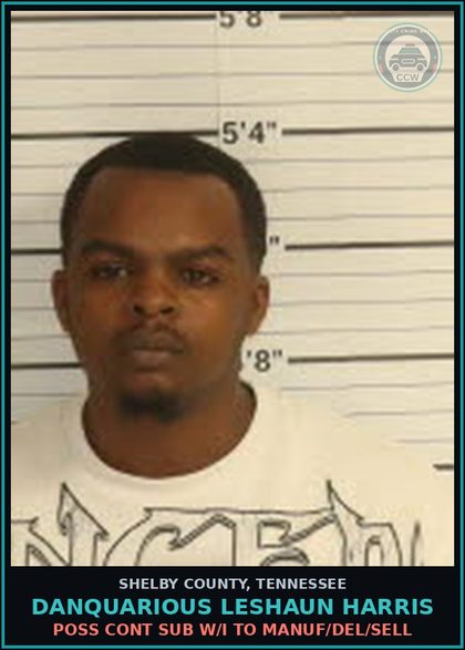 CCW arrest card for DANQUARIOUS LESHAUN HARRIS in Shelby County: POSS CONT SUB W/I TO MANUF/DEL/SELL