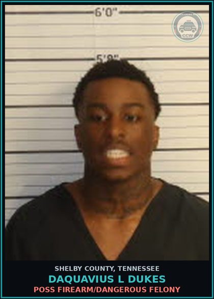 CCW arrest card for DAQUAVIUS L DUKES in Shelby County: POSS FIREARM/DANGEROUS FELONY