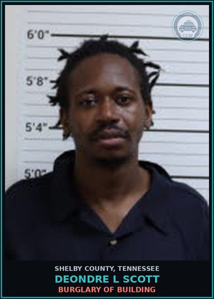 CCW arrest card for DEONDRE L SCOTT in Shelby County: BURGLARY OF BUILDING