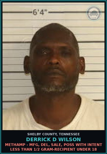 CCW arrest card for DERRICK D WILSON in Shelby County: METH - MFG, DEL, SALE, POSS WITH INTENT LESS THAN 1/2 GRAM-RECIPIENT UNDER 18