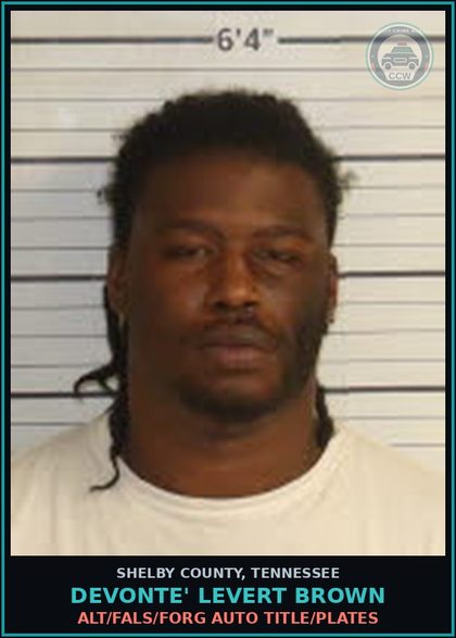 CCW arrest card for DEVONTE' LEVERT BROWN in Shelby County: ALT/FALS/FORG AUTO TITLE/PLATES