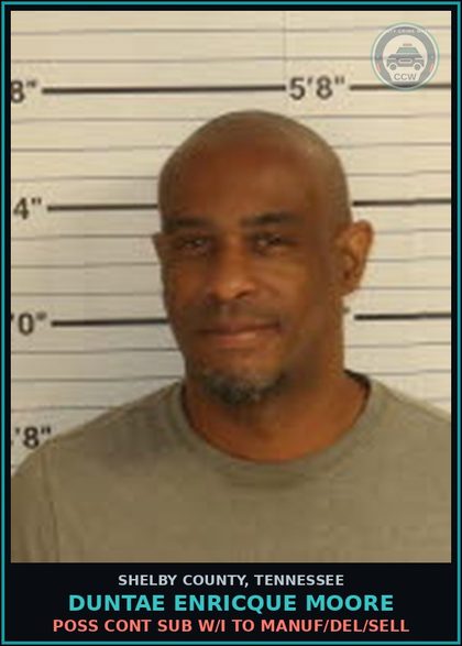 CCW arrest card for DUNTAE ENRICQUE MOORE in Shelby County: POSS CONT SUB W/I TO MANUF/DEL/SELL