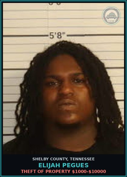 CCW arrest card for ELIJAH PEGUES in Shelby County: THEFT OF PROPERTY $1000-$10000