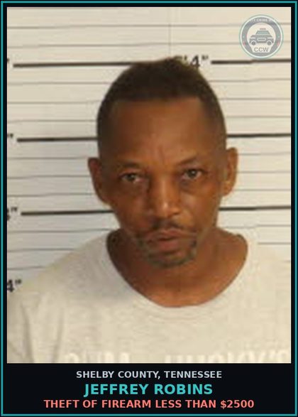 CCW arrest card for JEFFREY ROBINS in Shelby County: THEFT OF FIREARM LESS THAN $2500