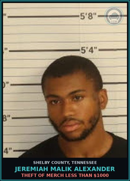 CCW arrest card for JEREMIAH MALIK ALEXANDER in Shelby County: THEFT OF MERCH LESS THAN $1000