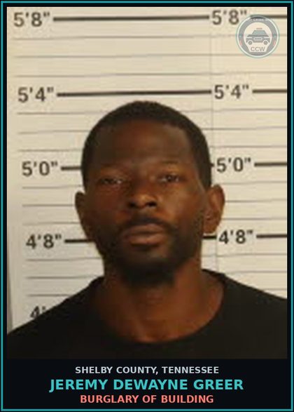 CCW arrest card for JEREMY DEWAYNE GREER in Shelby County: THEFT OF PROPERTY $1000-$2500