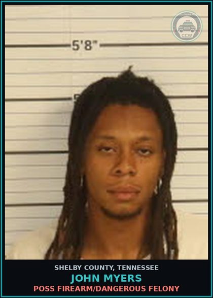 CCW arrest card for JOHN MYERS in Shelby County: POSS CONT SUB W/I TO MANUF/DEL/SELL