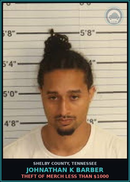CCW arrest card for JOHNATHAN K BARBER in Shelby County: THEFT OF MERCH LESS THAN $1000