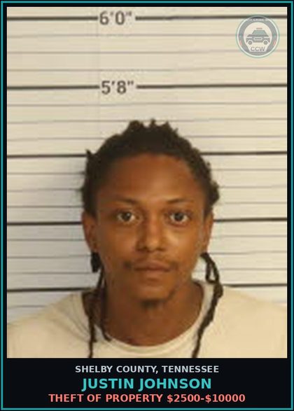 CCW arrest card for JUSTIN JOHNSON in Shelby County: THEFT OF PROPERTY $2500-$10000