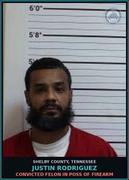 CCW arrest card for JUSTIN RODRIGUEZ in Shelby County: POSS ITEM WITH ALT/MISSING ID PLATE