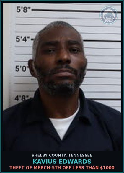 CCW arrest card for KAVIUS EDWARDS in Shelby County: THEFT OF MERCH-5TH OFF LESS THAN $1000