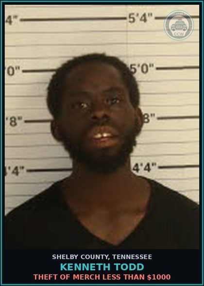 CCW arrest card for KENNETH TODD in Shelby County: THEFT OF MERCH LESS THAN $1000